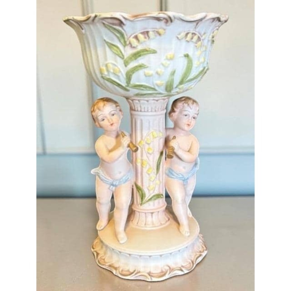 Vintage Norleans Porcelain Cherub Compote Vase Candy Dish Lily of the Valley